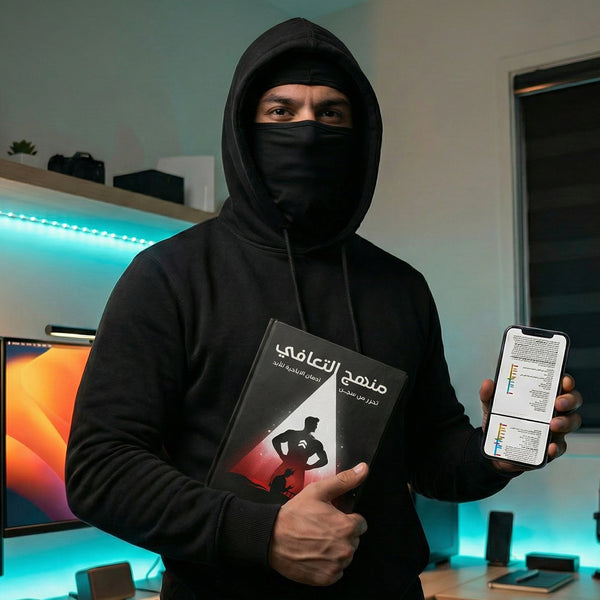 Person in a dark room holding a book and a smartphone with a computer setup in the background.